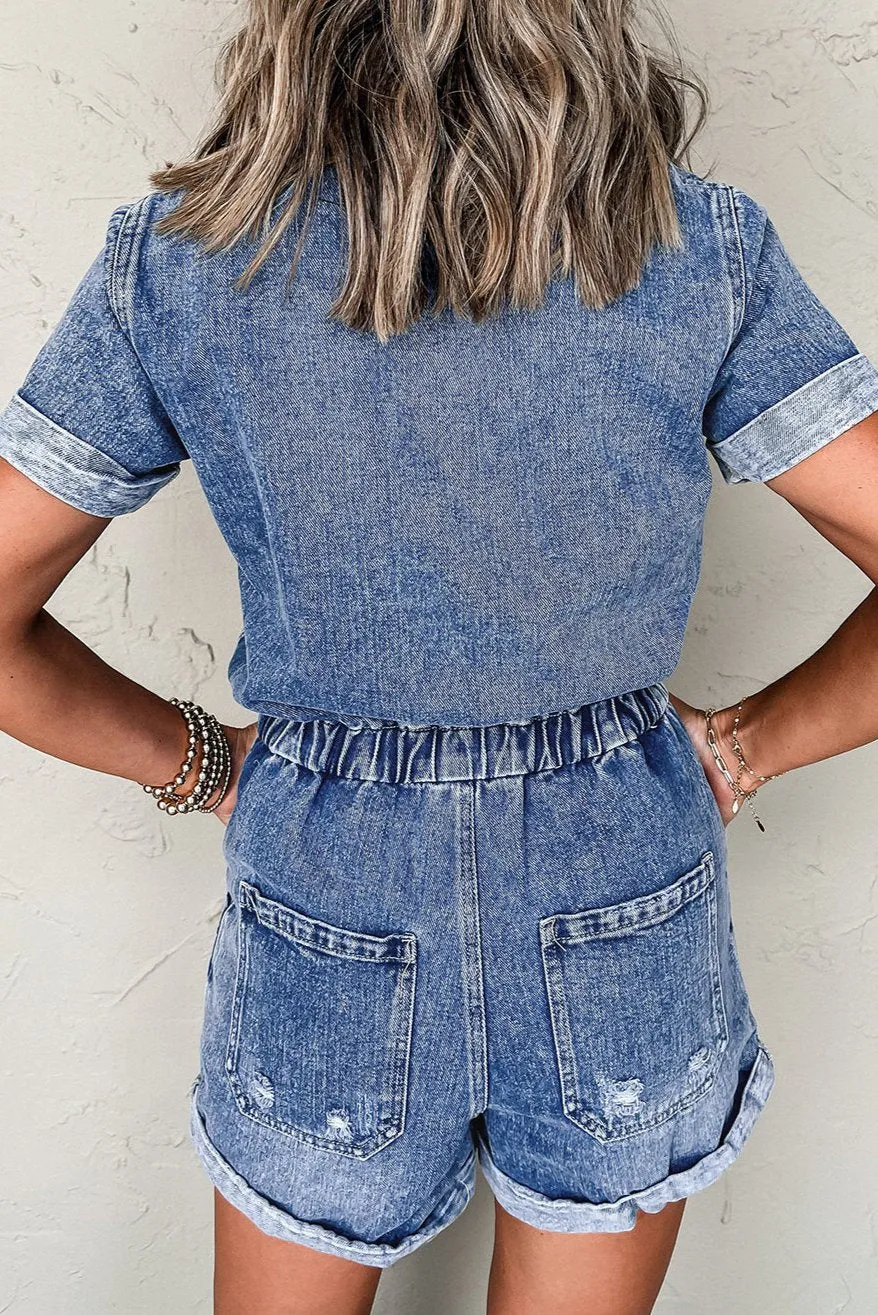 Denim Pocketed Short Sleeve Romper