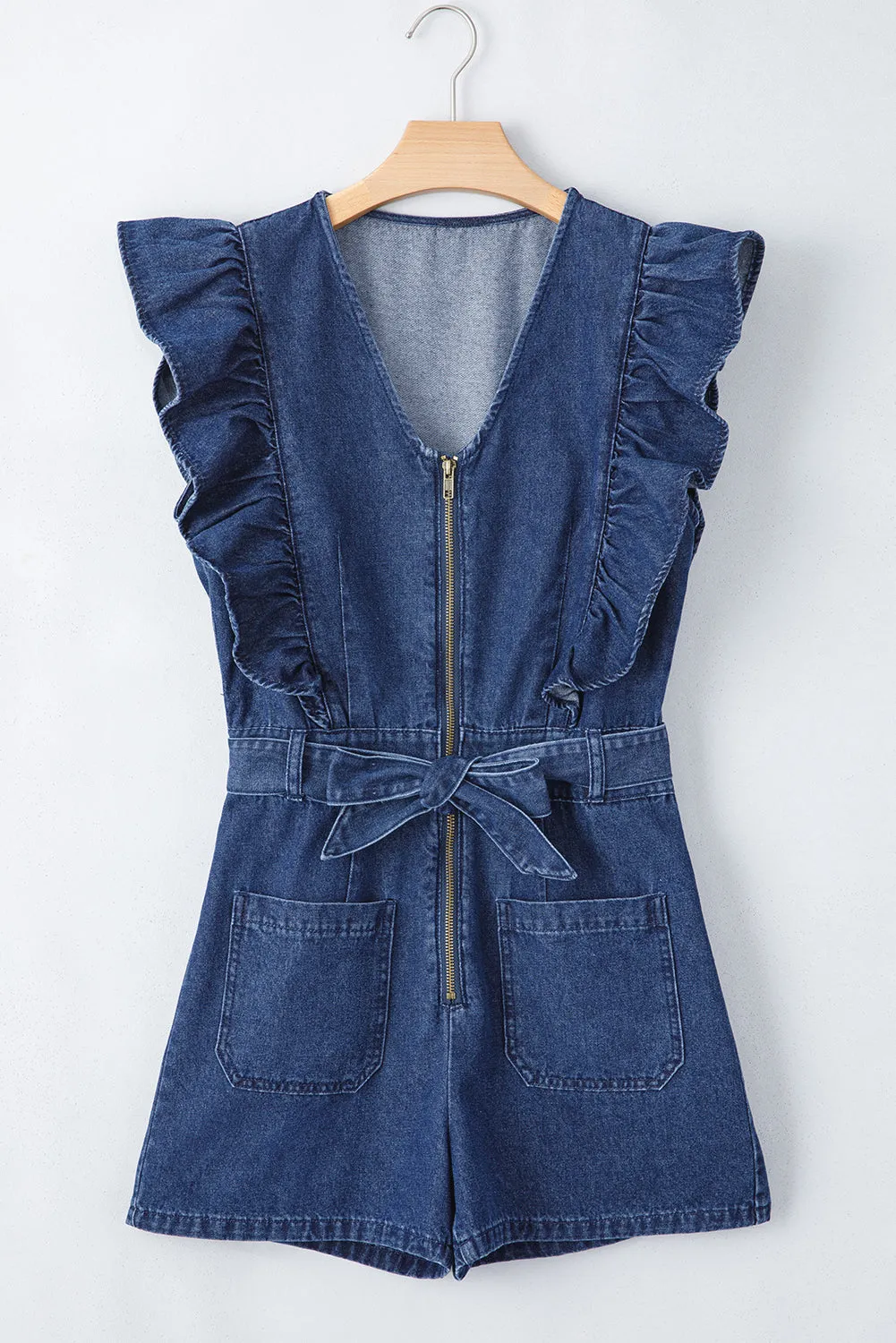 Denim Ruffle Belted Zip-Up Romper