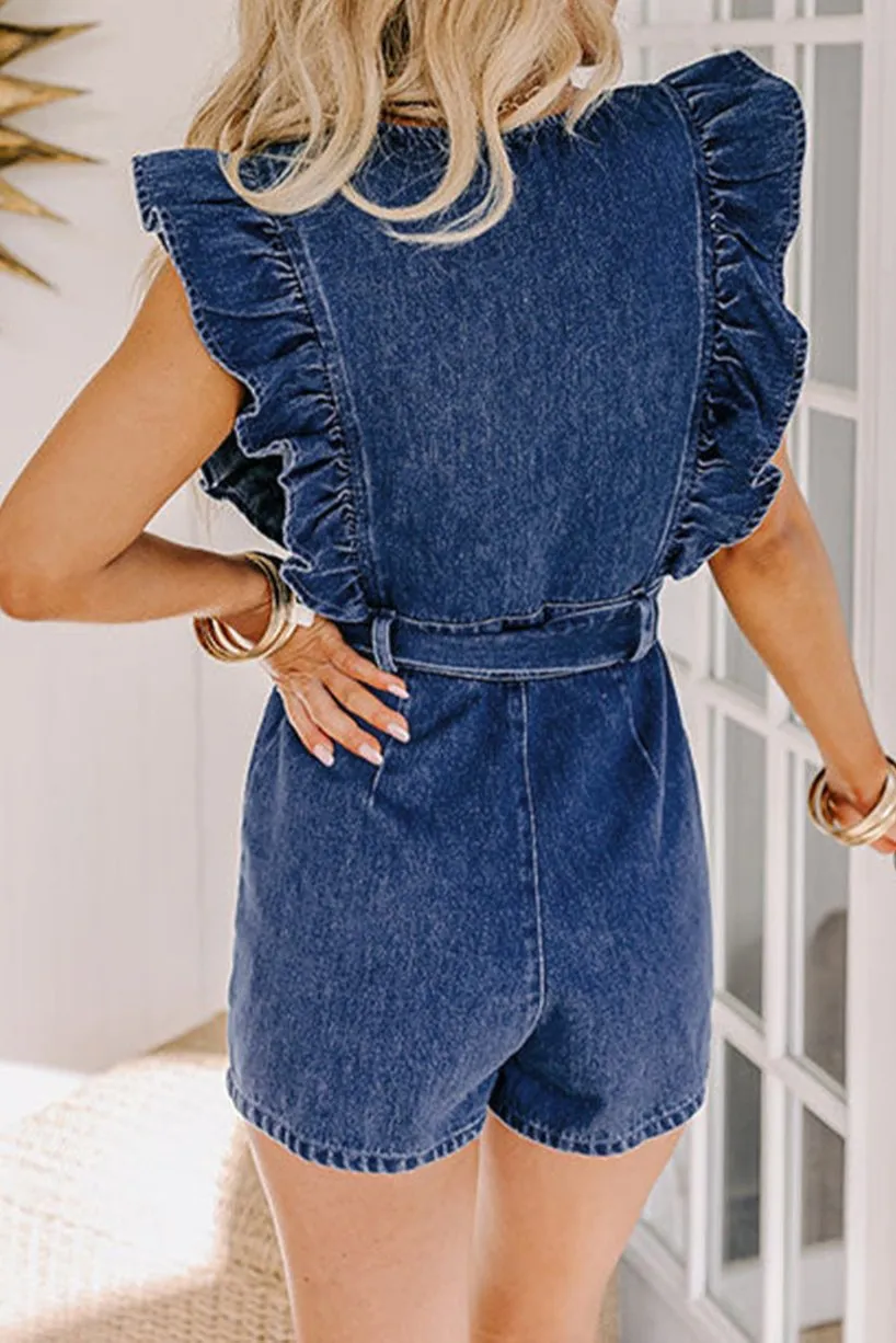 Denim Ruffle Belted Zip-Up Romper