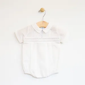 Ecru Vintage Newborn Romper Blue Embroidery