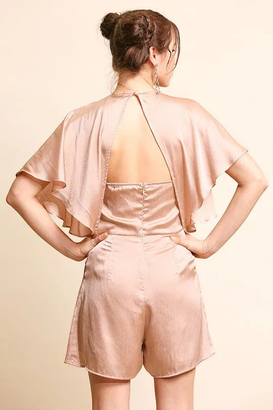 Elegant Satin Flutter Sleeve and Open Back Romper in Rose Gold or Black