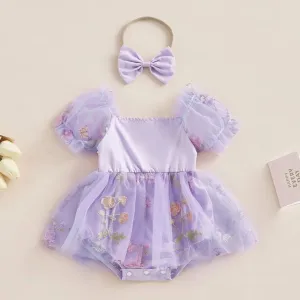 Embroided Purple Pull Sleeve Romper and Headband #1000109