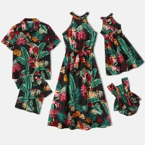 Family Matching Allover Plant Floral Print Halterneck Dresses and Short-sleeve Shirts Sets