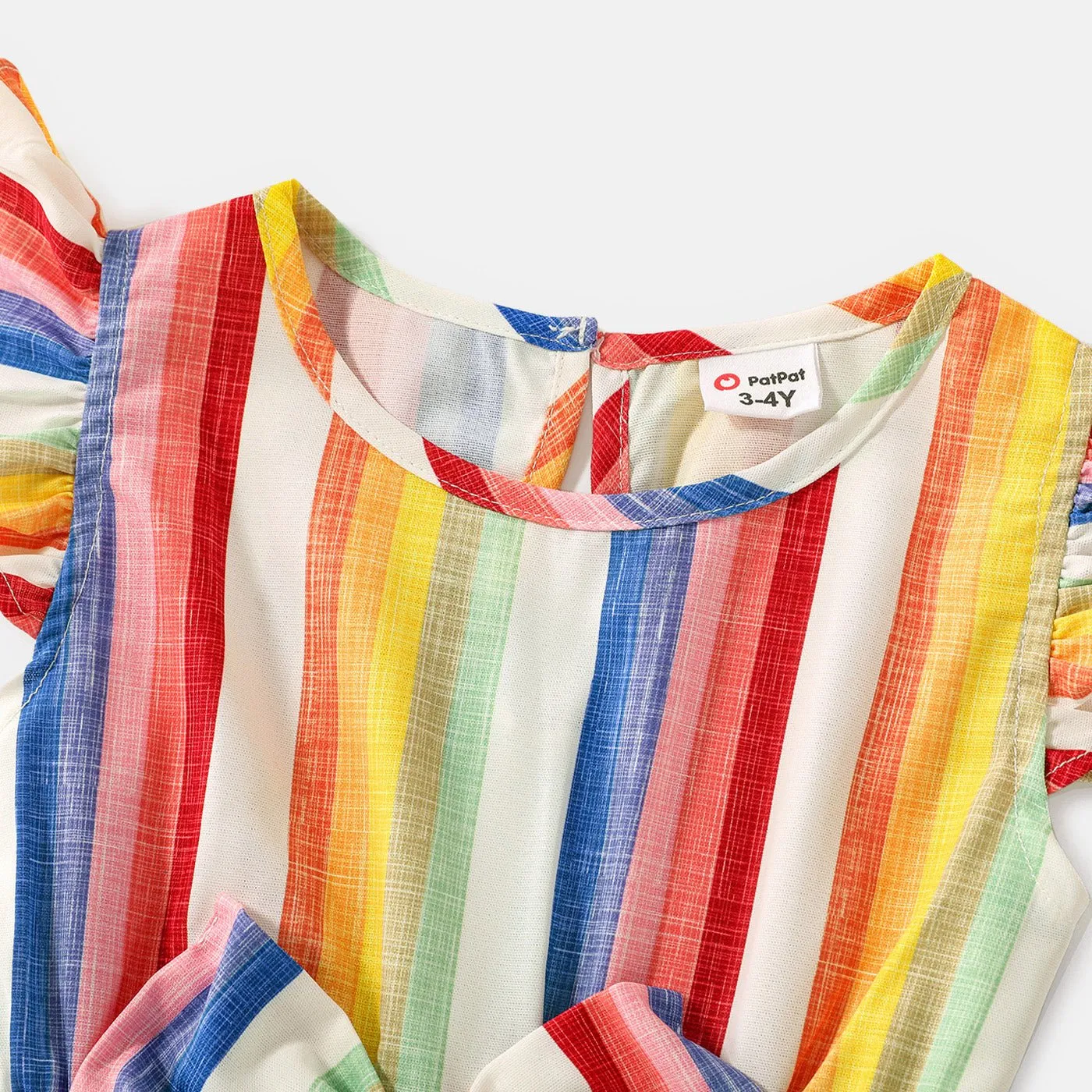 Family Matching Cotton Short-sleeve T-shirts and Colorful Striped Flutter-sleeve Dresses Sets