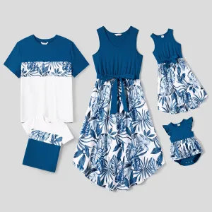 Family Matching Plant Print Splice Belted Tank Dresses and Color Block Short-sleeve T-shirts Sets