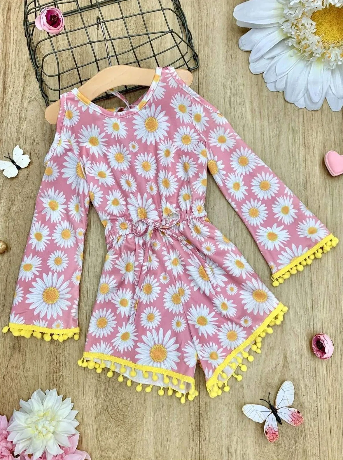 Fancy Flower Cold Shoulder Drawstring Romper