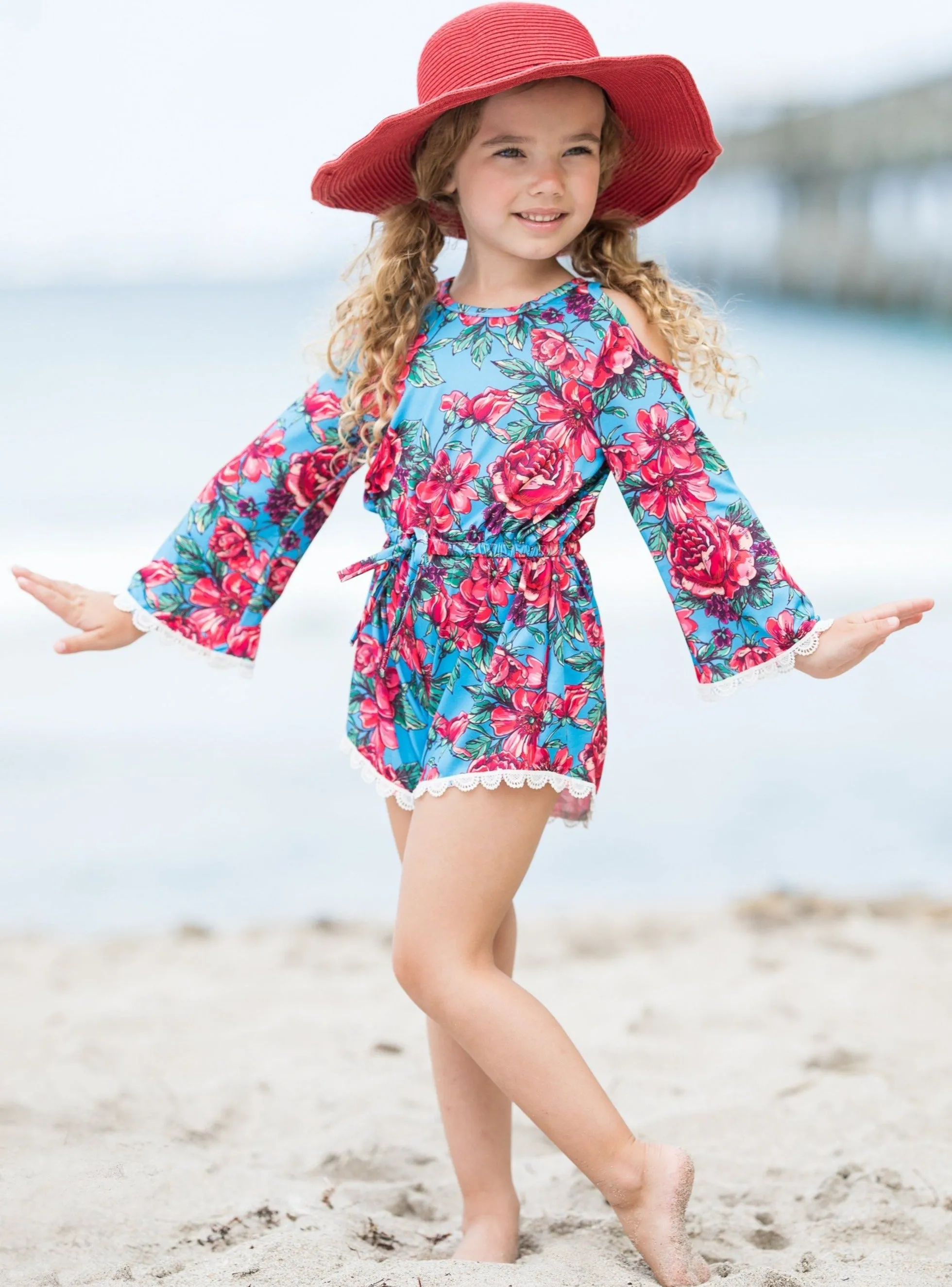 Fancy Flower Cold Shoulder Drawstring Romper