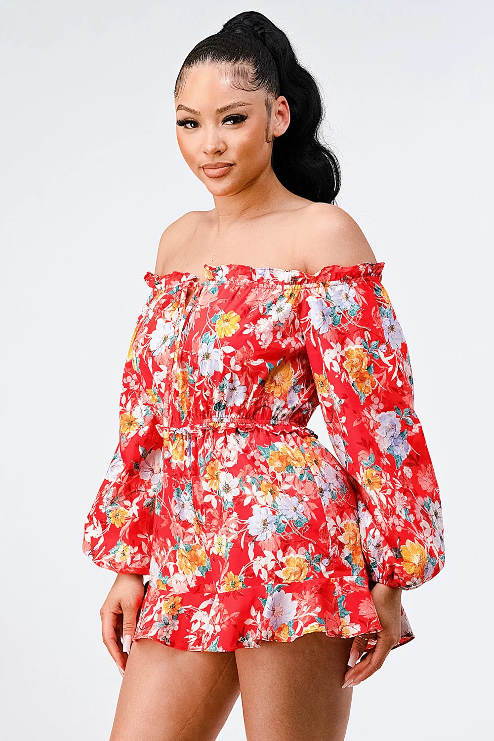 FLORAL OFF SHOULDER WAIST BAND RUFFLED ROMPER