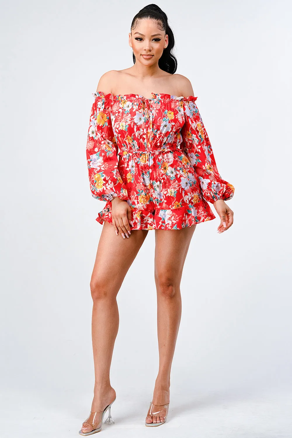 FLORAL OFF SHOULDER WAIST BAND RUFFLED ROMPER