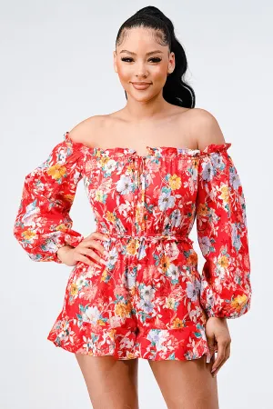 FLORAL OFF SHOULDER WAIST BAND RUFFLED ROMPER