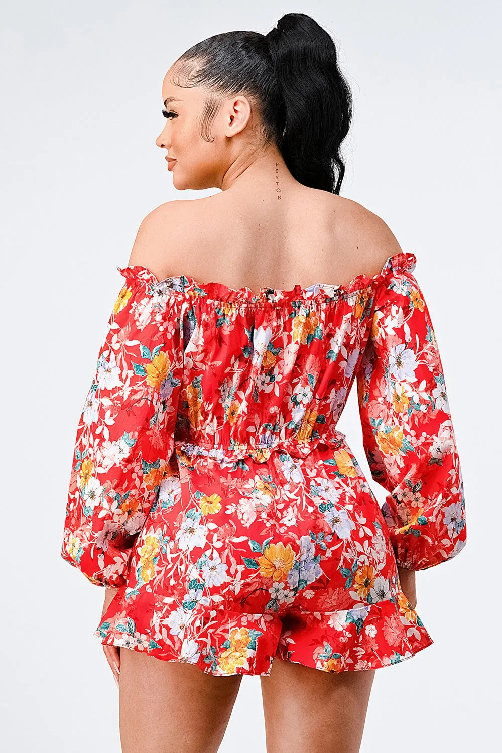 FLORAL OFF SHOULDER WAIST BAND RUFFLED ROMPER