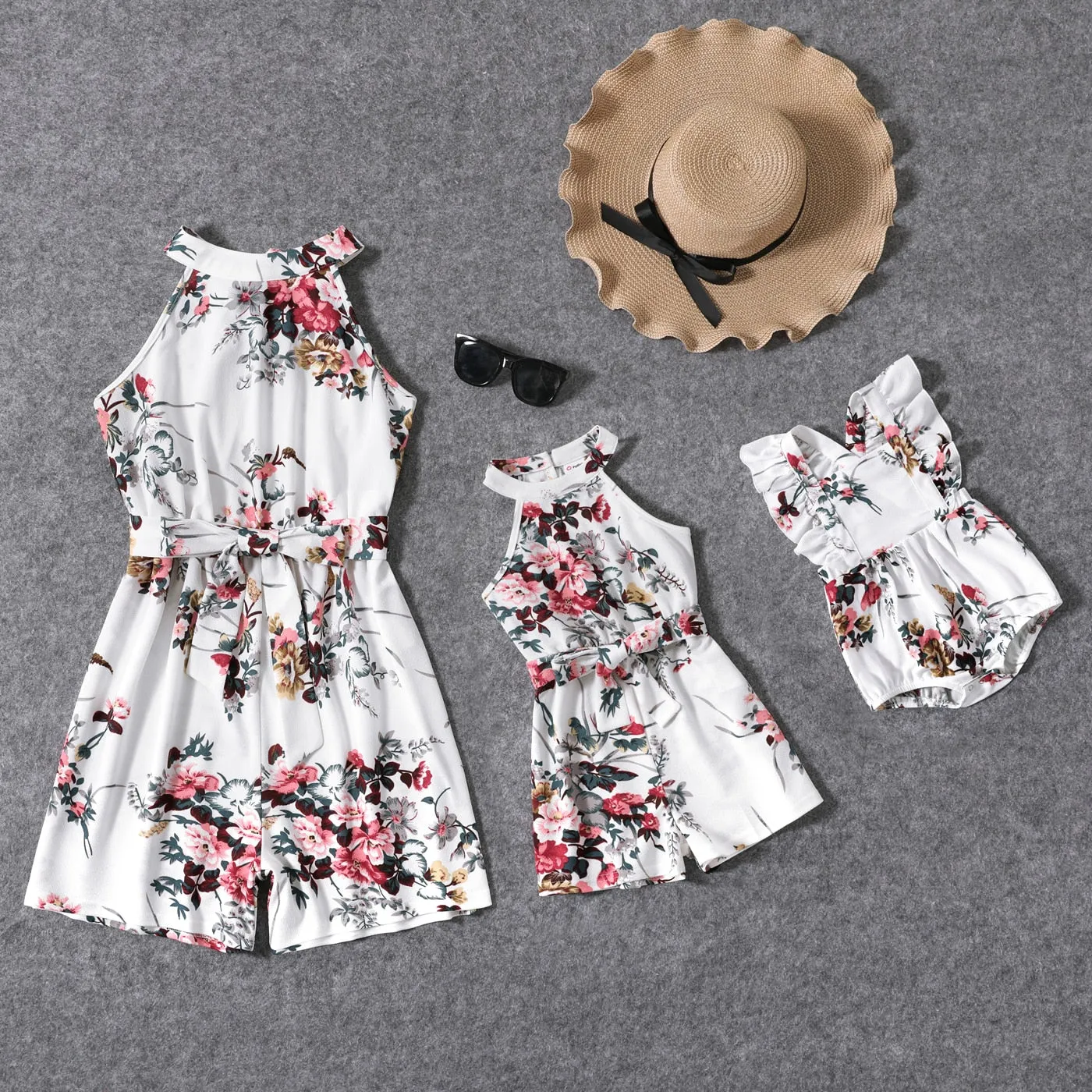 Floral Print Halter Neck Belted Romper Shorts for Mom and Me