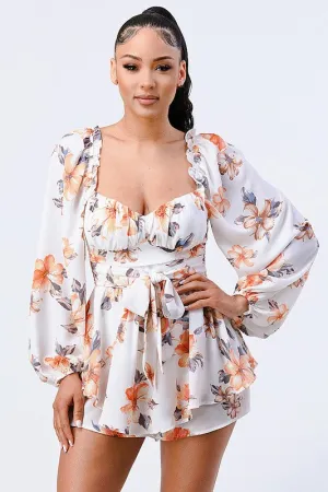 FLORAL SMOCKED SWEETHEART WAIST TIE RUFFLED ROMPER