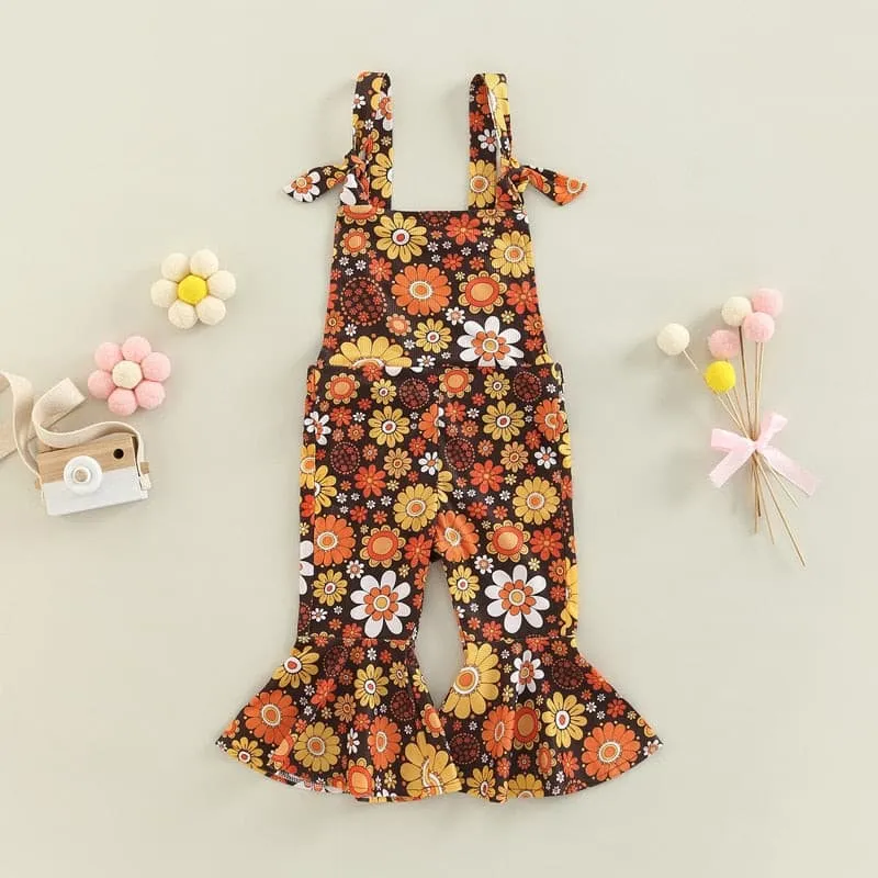 Flower Power - Baby Girl Jumpsuits Flare Bell Bottoms , Brown Multi