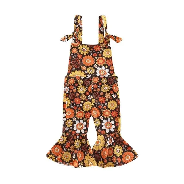 Flower Power - Baby Girl Jumpsuits Flare Bell Bottoms , Brown Multi