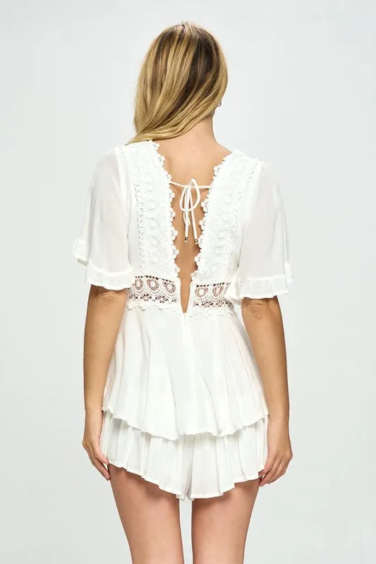 Flutter Sleeved Short Romper with Crochet Trim