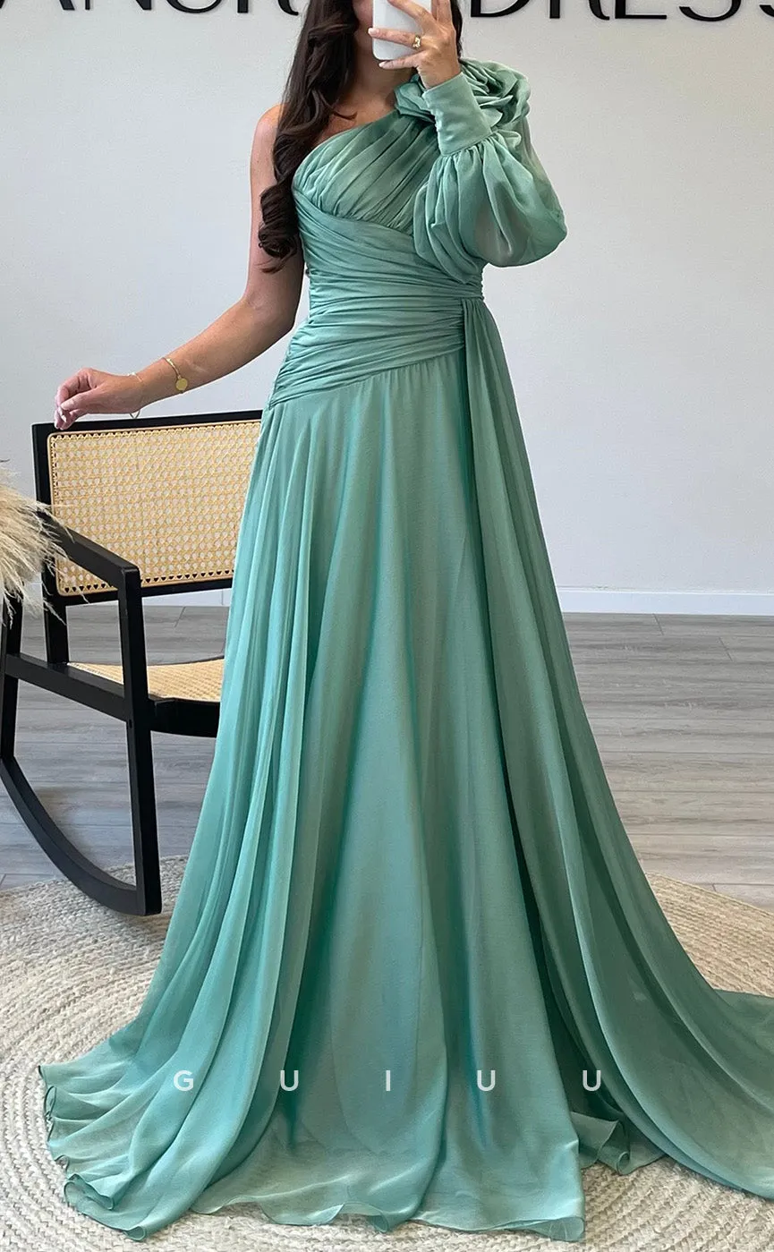 G3538 - Classic & Timeless A-Line One Shoulder Long Bishop Sleeves Draped Pleated Floral Embossed Long Ballgown Prom Dress