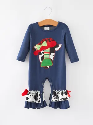 Girls Cow Applique Embroidered Romper