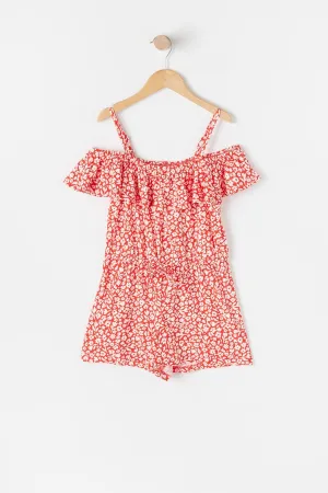 Girls Soft Red Floral Cold Shoulder Peasant Romper