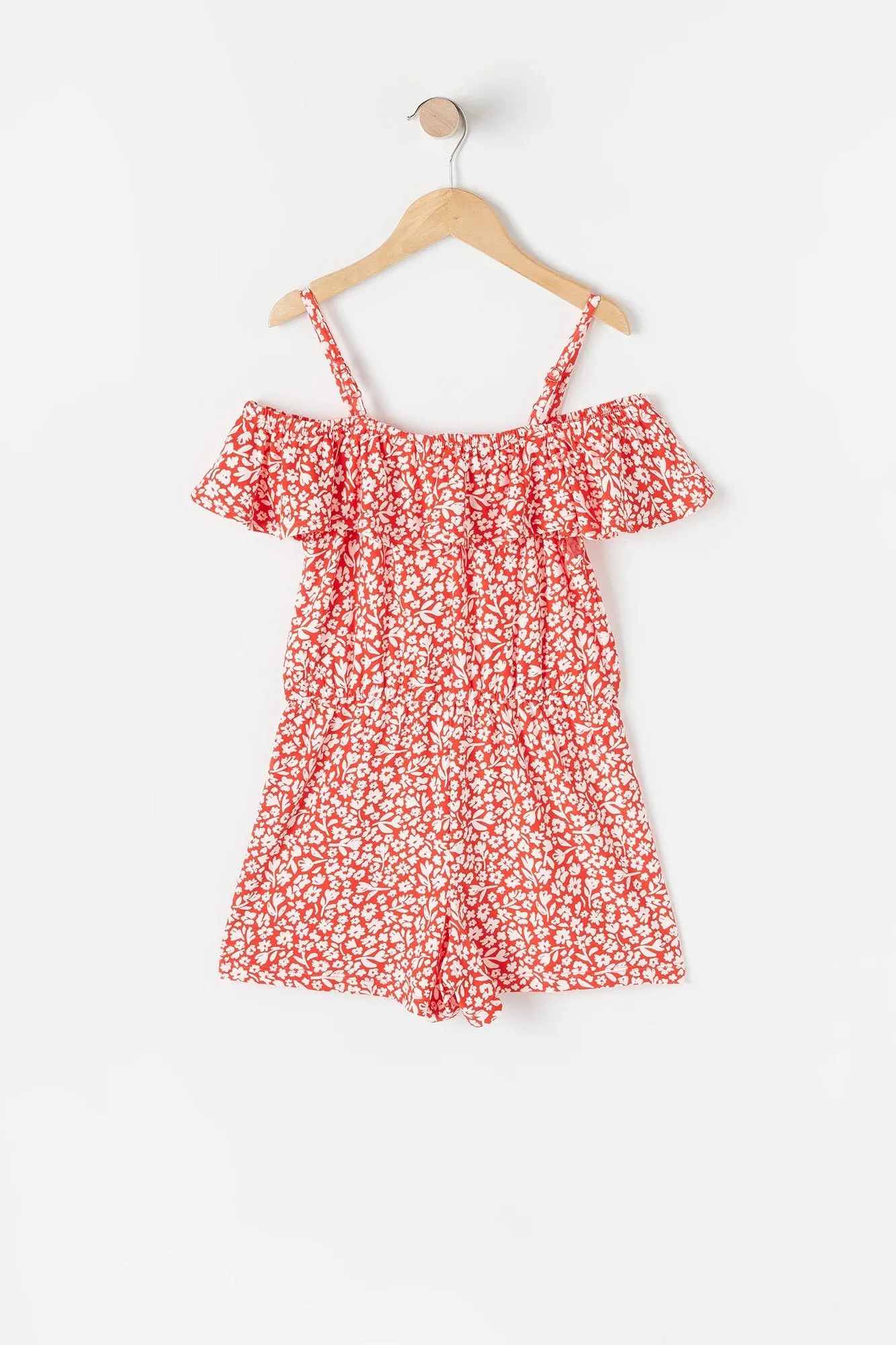 Girls Soft Red Floral Cold Shoulder Peasant Romper