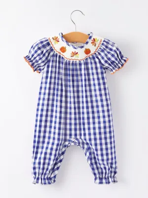 Girls Thanksgiving Smocking Embroidered Bule Plaid Romper