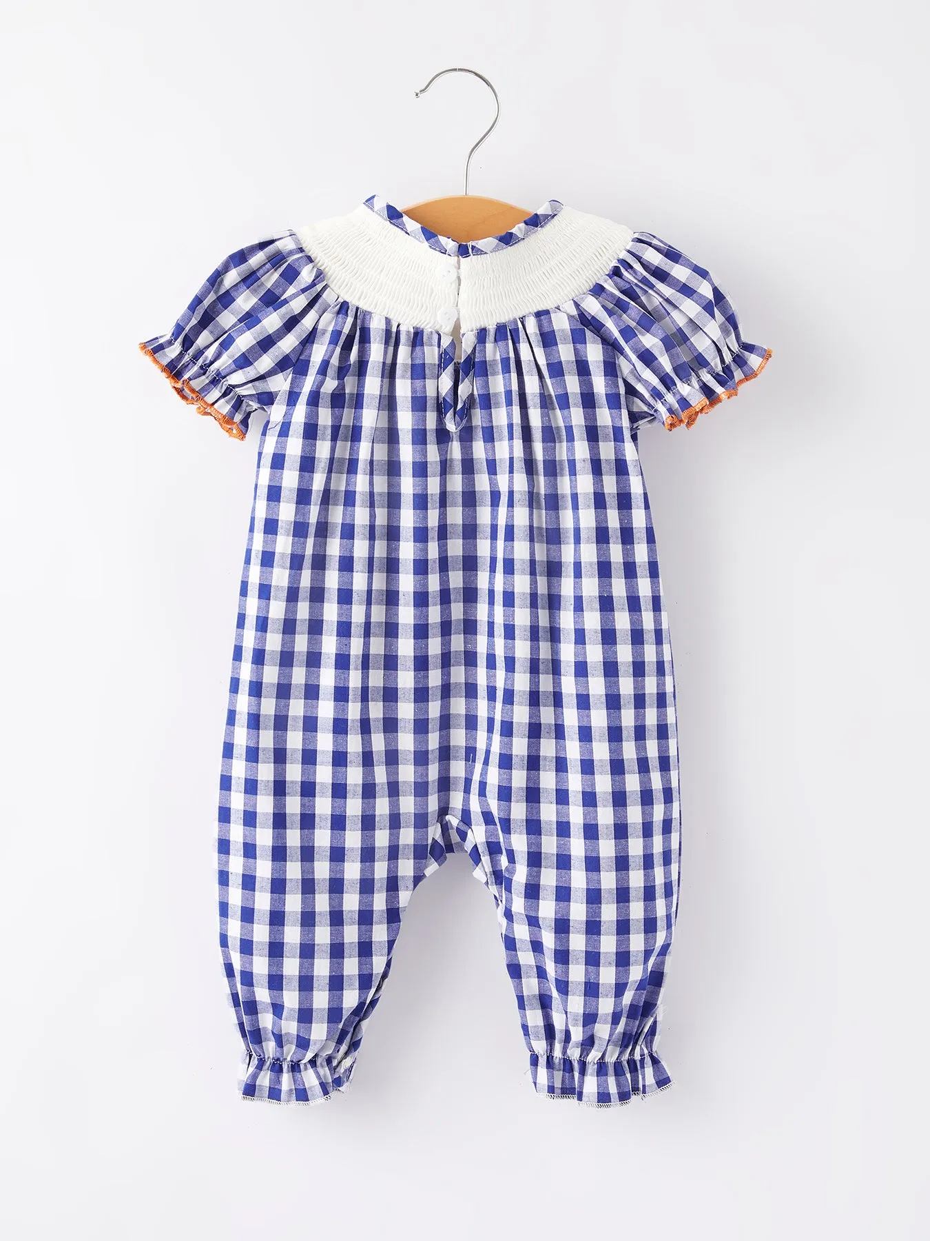 Girls Thanksgiving Smocking Embroidered Bule Plaid Romper