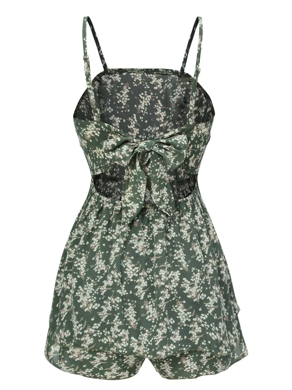 Green 1950s Spaghetti Strap Ditsy Floral Romper