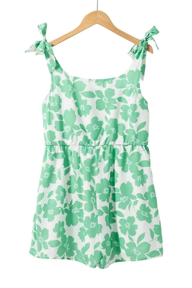 Green Flower Knotted Straps Romper Set