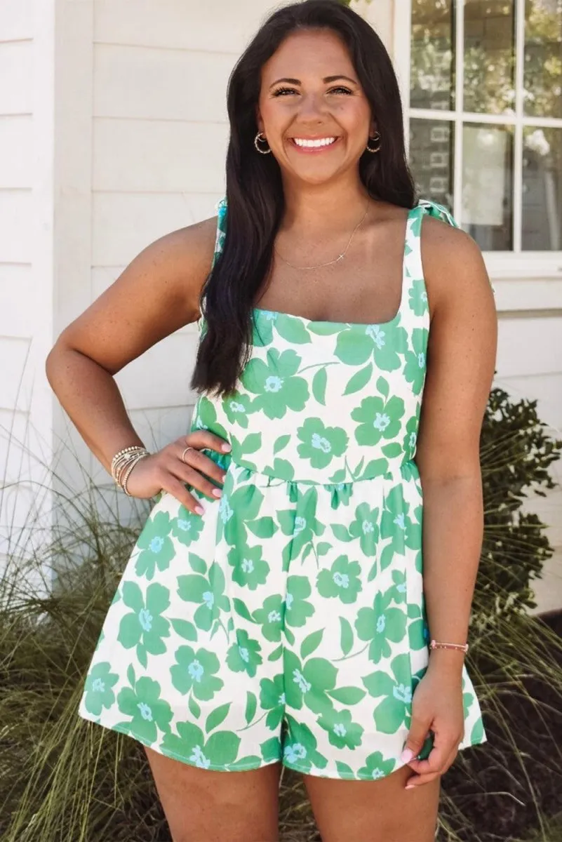 Green Flower Knotted Straps Romper Set