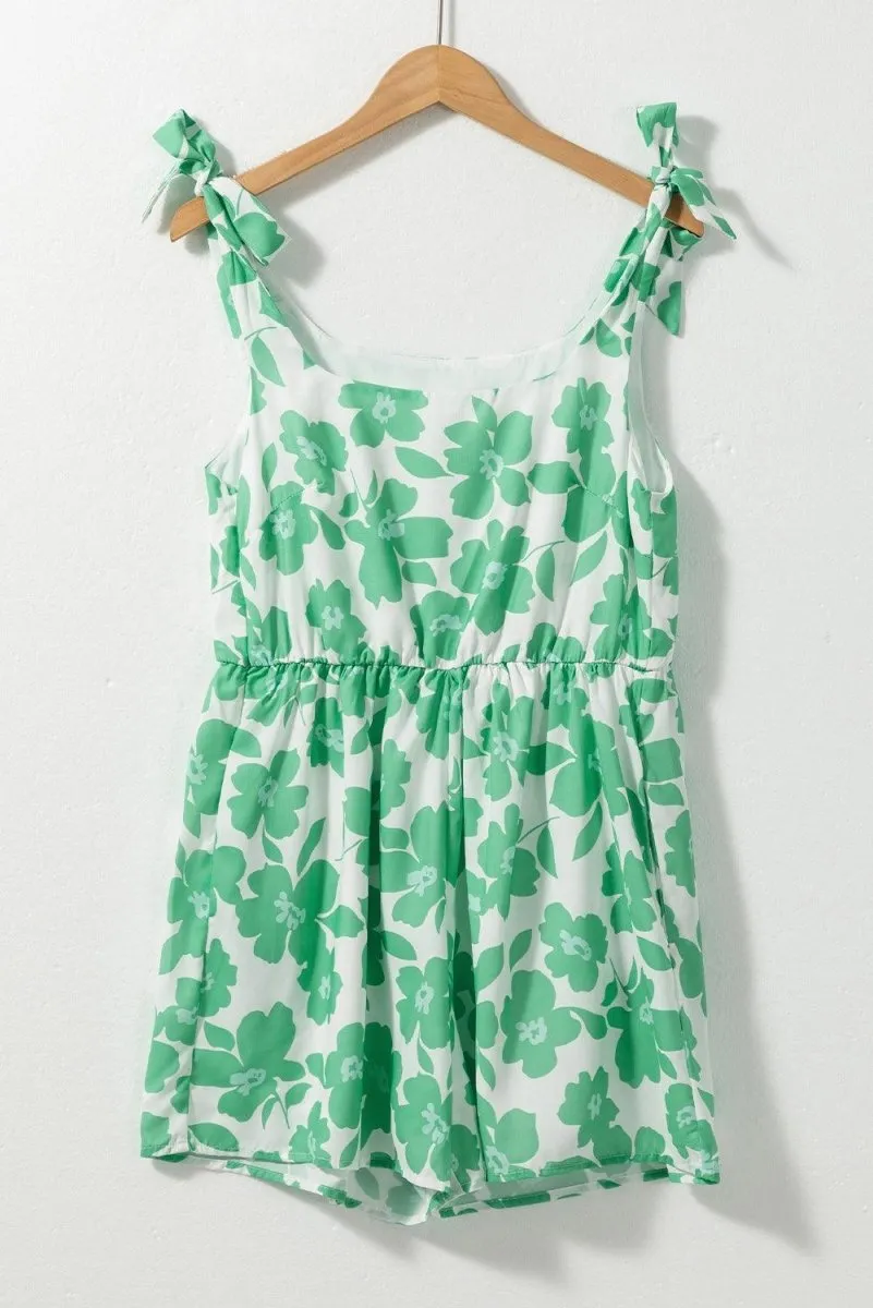 Green Flower Knotted Straps Romper Set