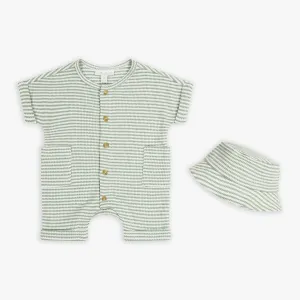 Green Stripe Waffle Romper & Hat