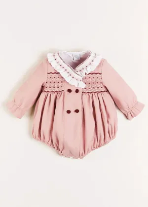 Hand Smocked Double Breasted Long Sleeve Romper in Pink (6mths-2yrs)