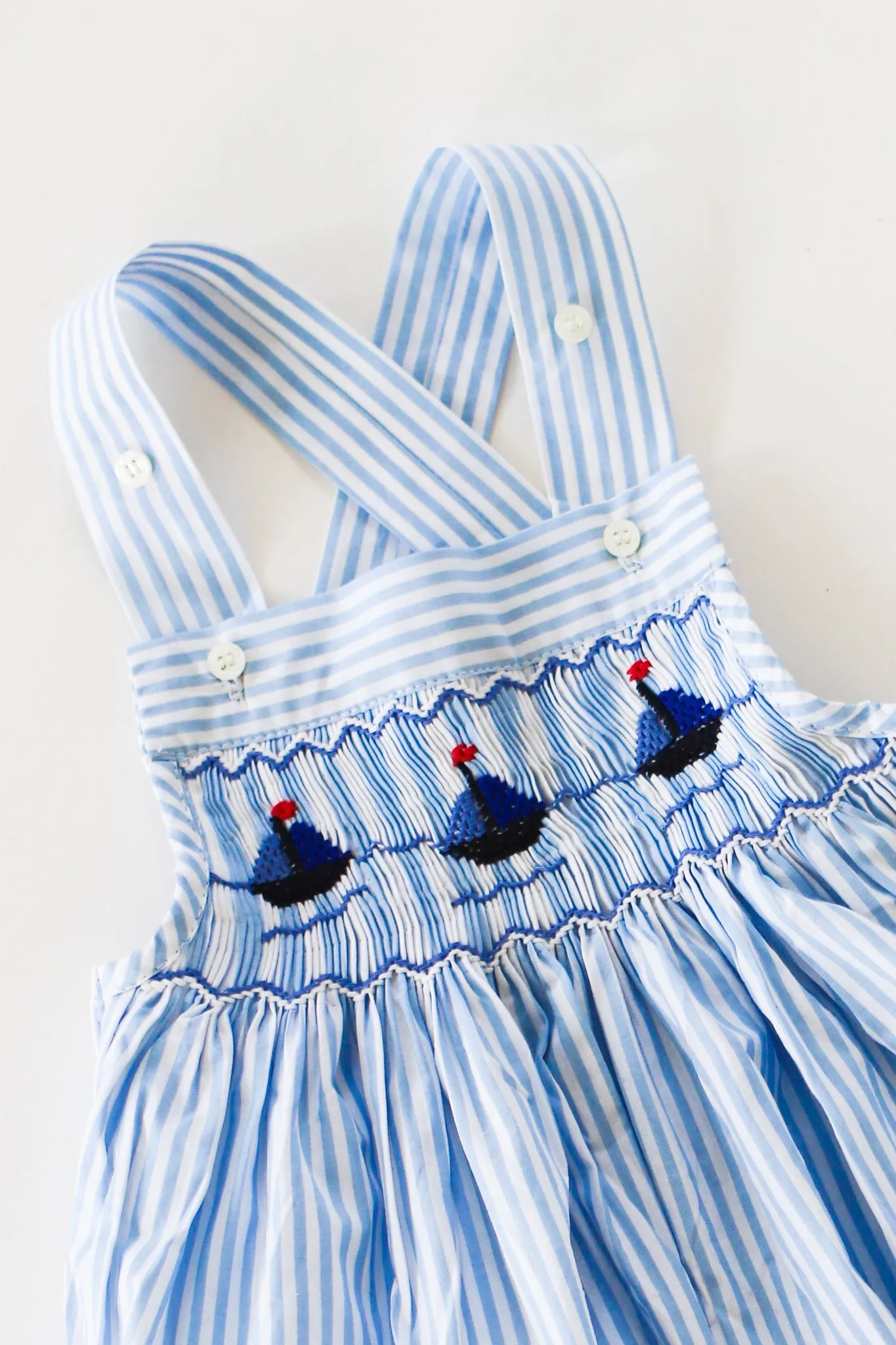 Hand-Smocked Romper Sailboats   Blue and White Stripe