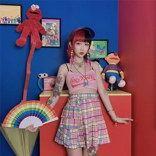 Harajuku Pocket Rainbow Pleated Skirt