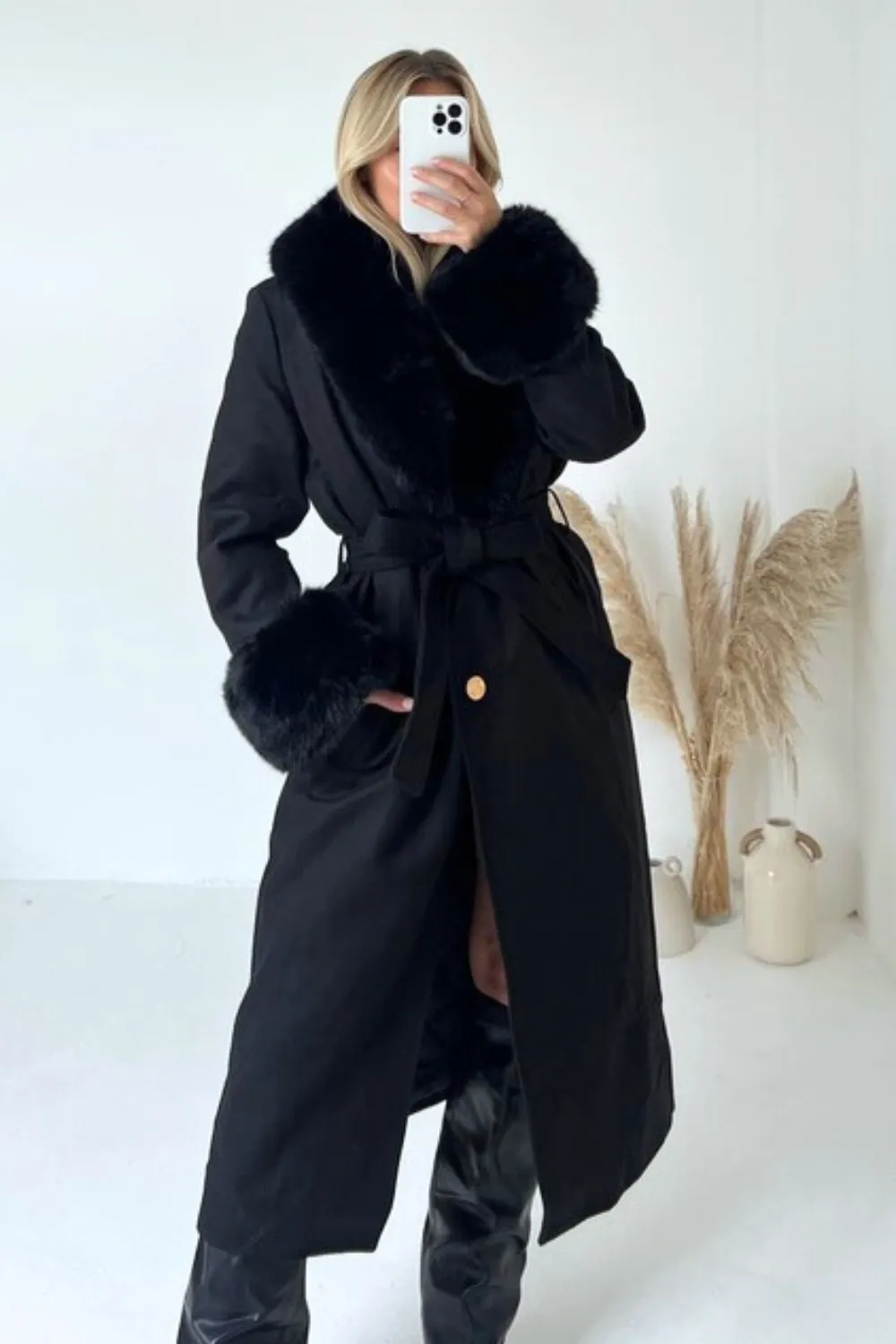 Hazel black felt faux fur long coat