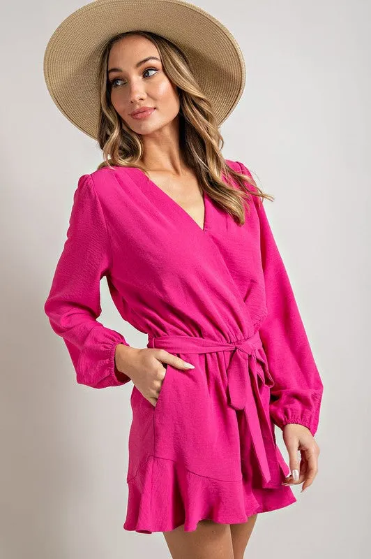 Hot Pink V-neck Waist Tie Romper