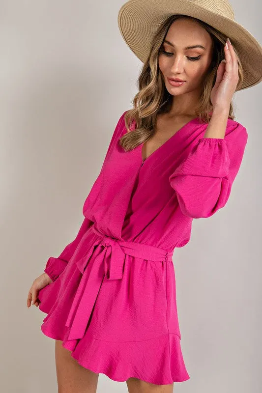 Hot Pink V-neck Waist Tie Romper