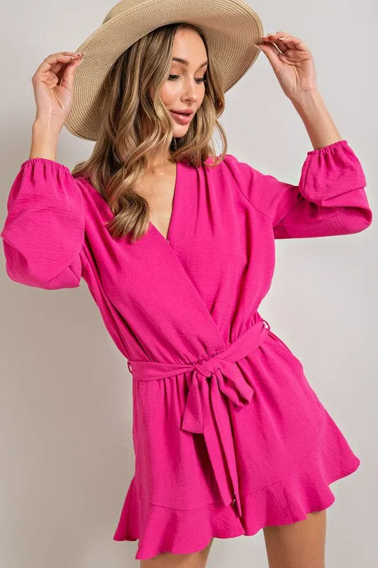 Hot Pink V-neck Waist Tie Romper