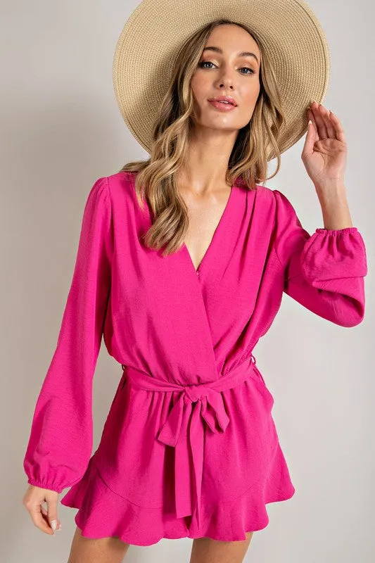 Hot Pink V-neck Waist Tie Romper