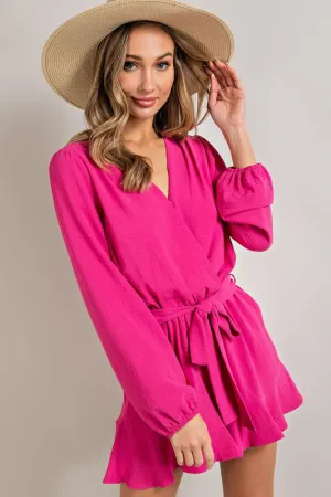 Hot Pink V-neck Waist Tie Romper