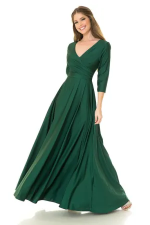 Hunter Green Sleeve Wrap Pleated Flare Pockets Formal Dress