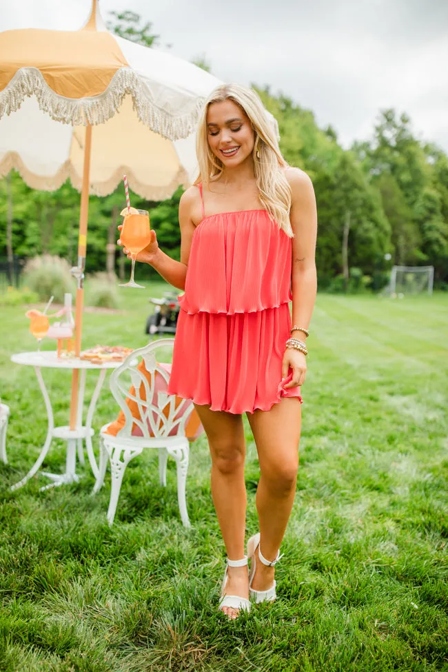 In the Afterglow Hot Coral Pleated Romper