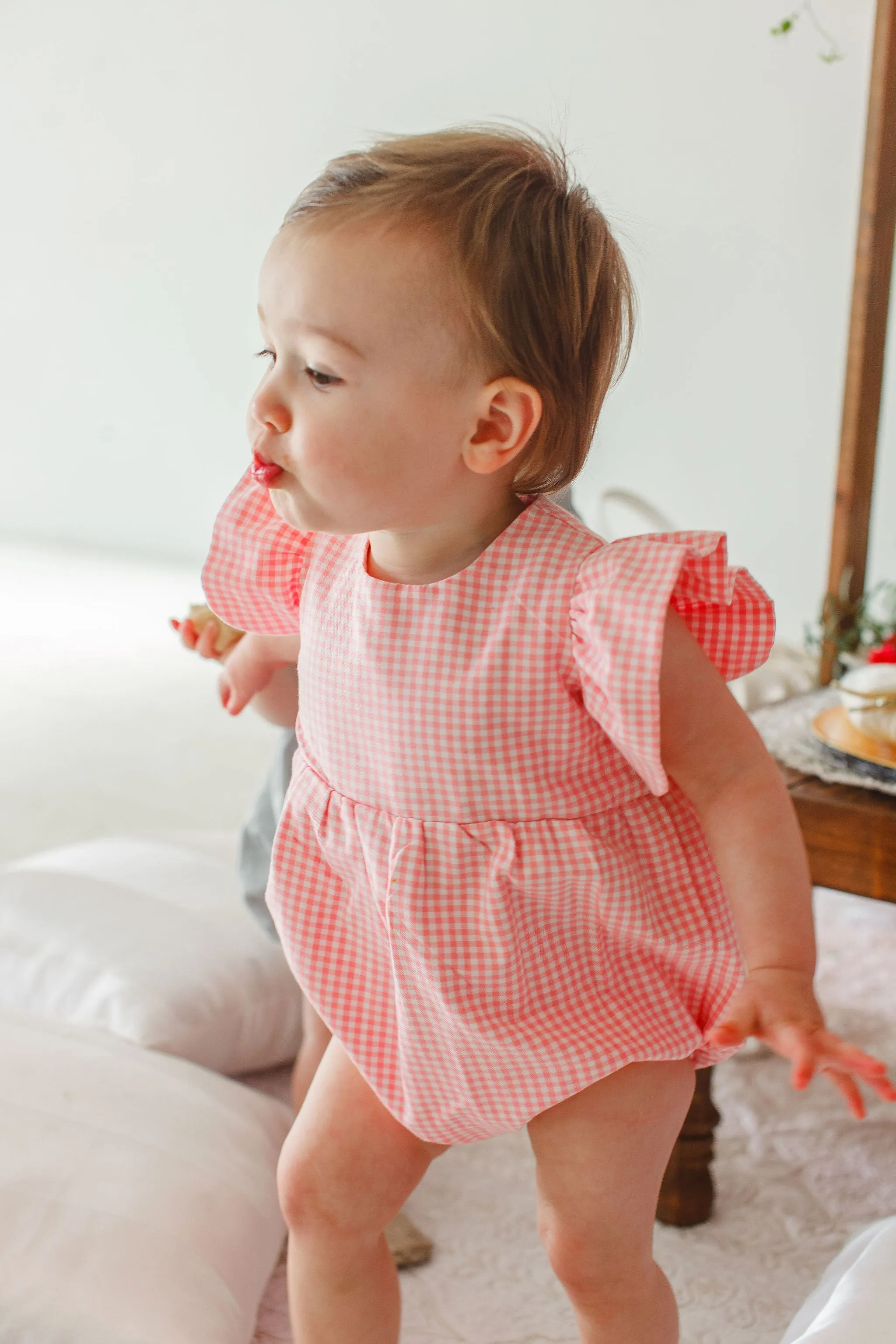 Infant Girl's Pink Gingham Ruffle Sleeve Romper