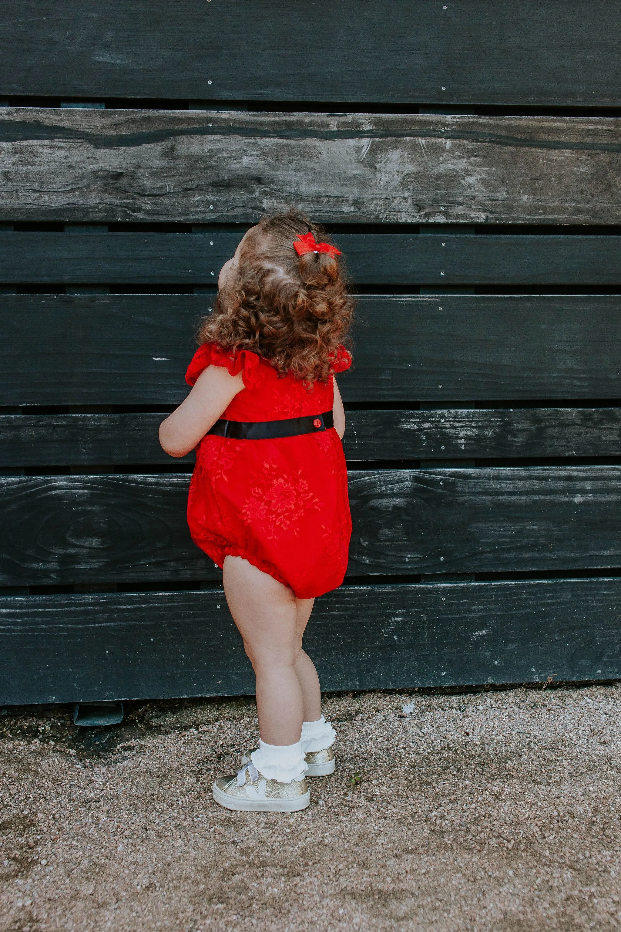 Infant Girl's Red Lace Bubble Romper with Black Satin Sash