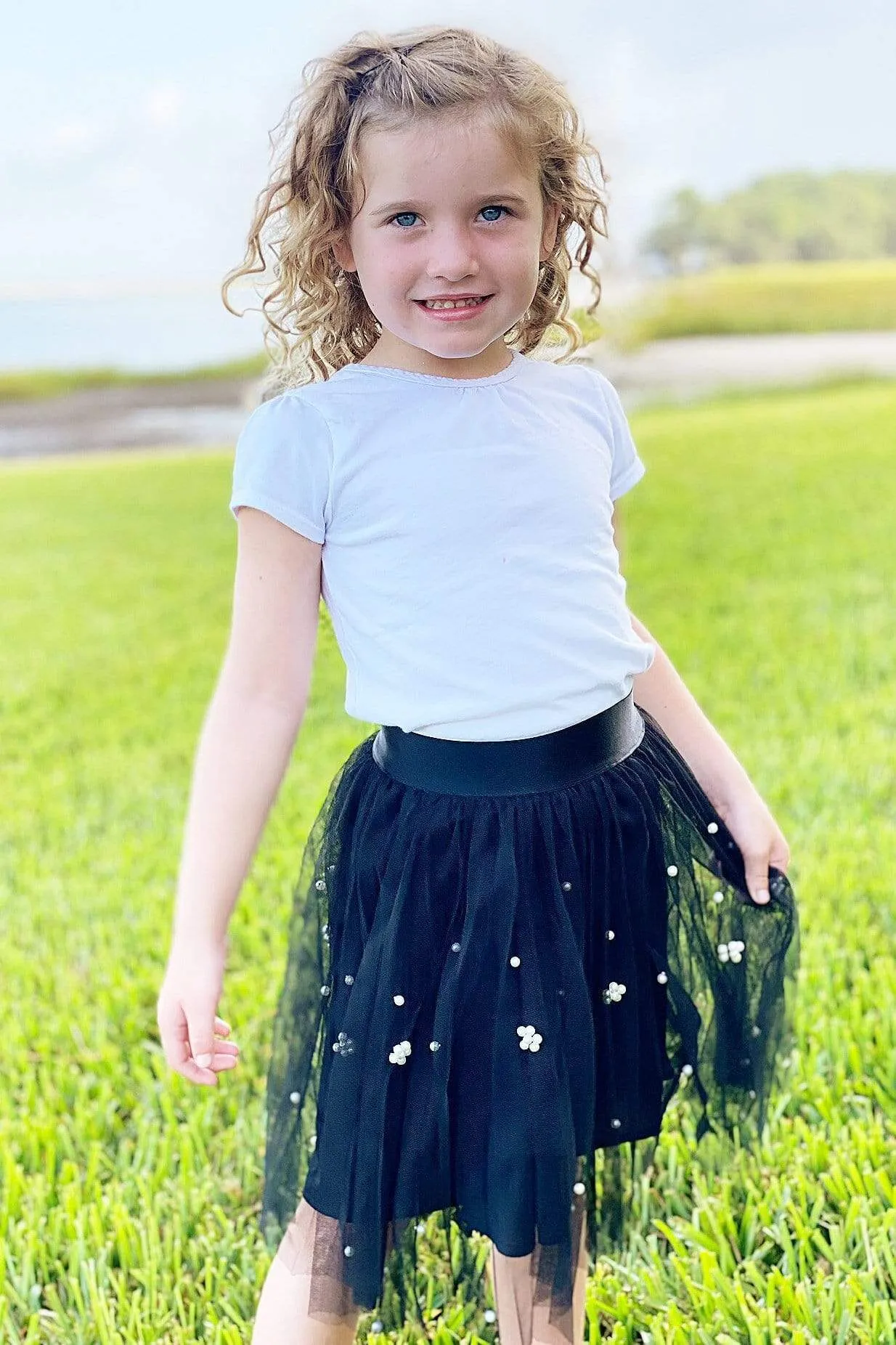 Isla Black Tulle Pleated  Skirt with Pearls  - Girls