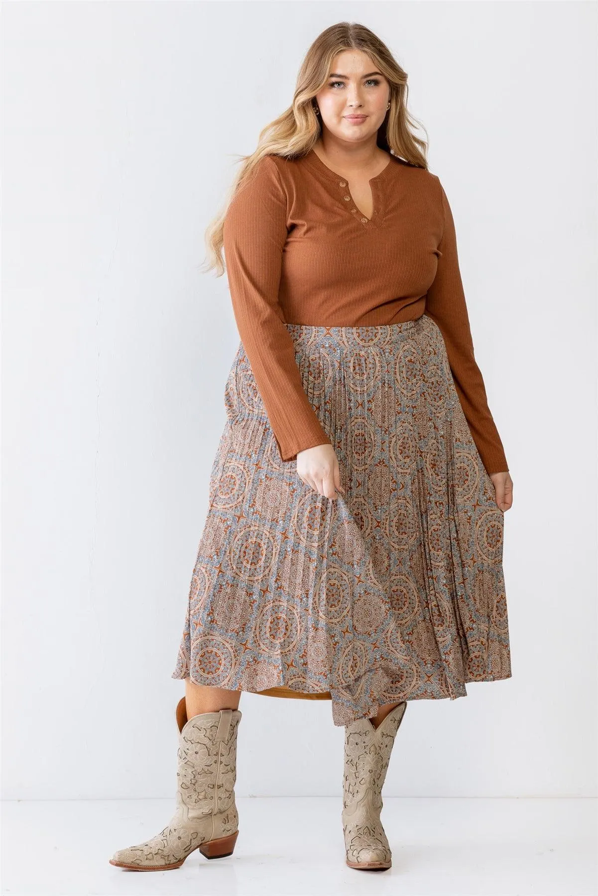 Junior Plus Rust Bohemian Print Pleated Midi Skirt /3-2-1