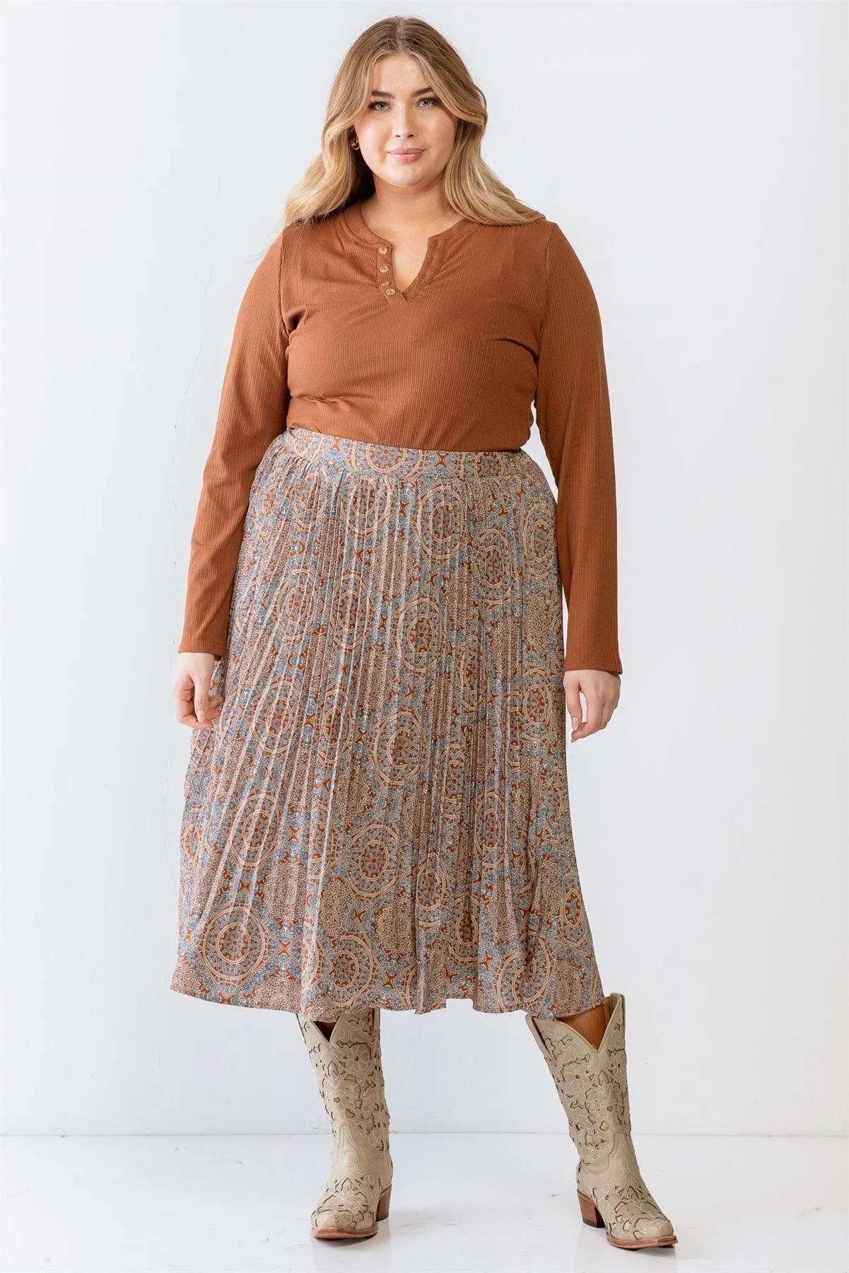 Junior Plus Rust Bohemian Print Pleated Midi Skirt /3-2-1