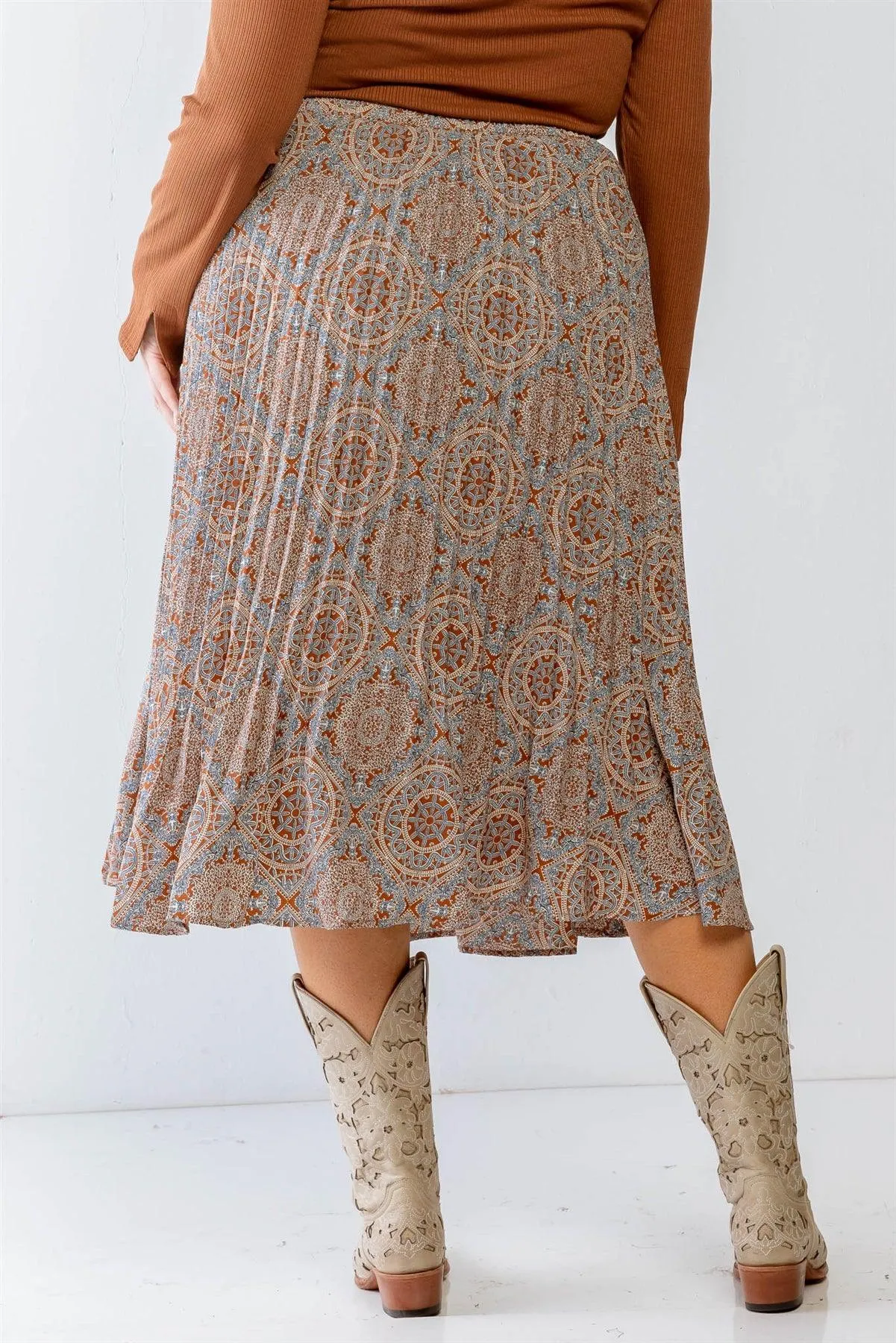 Junior Plus Rust Bohemian Print Pleated Midi Skirt /3-2-1