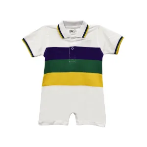 Kids 3 Panel Mardi Gras Rugby Polo White Striped ROMPER Polo