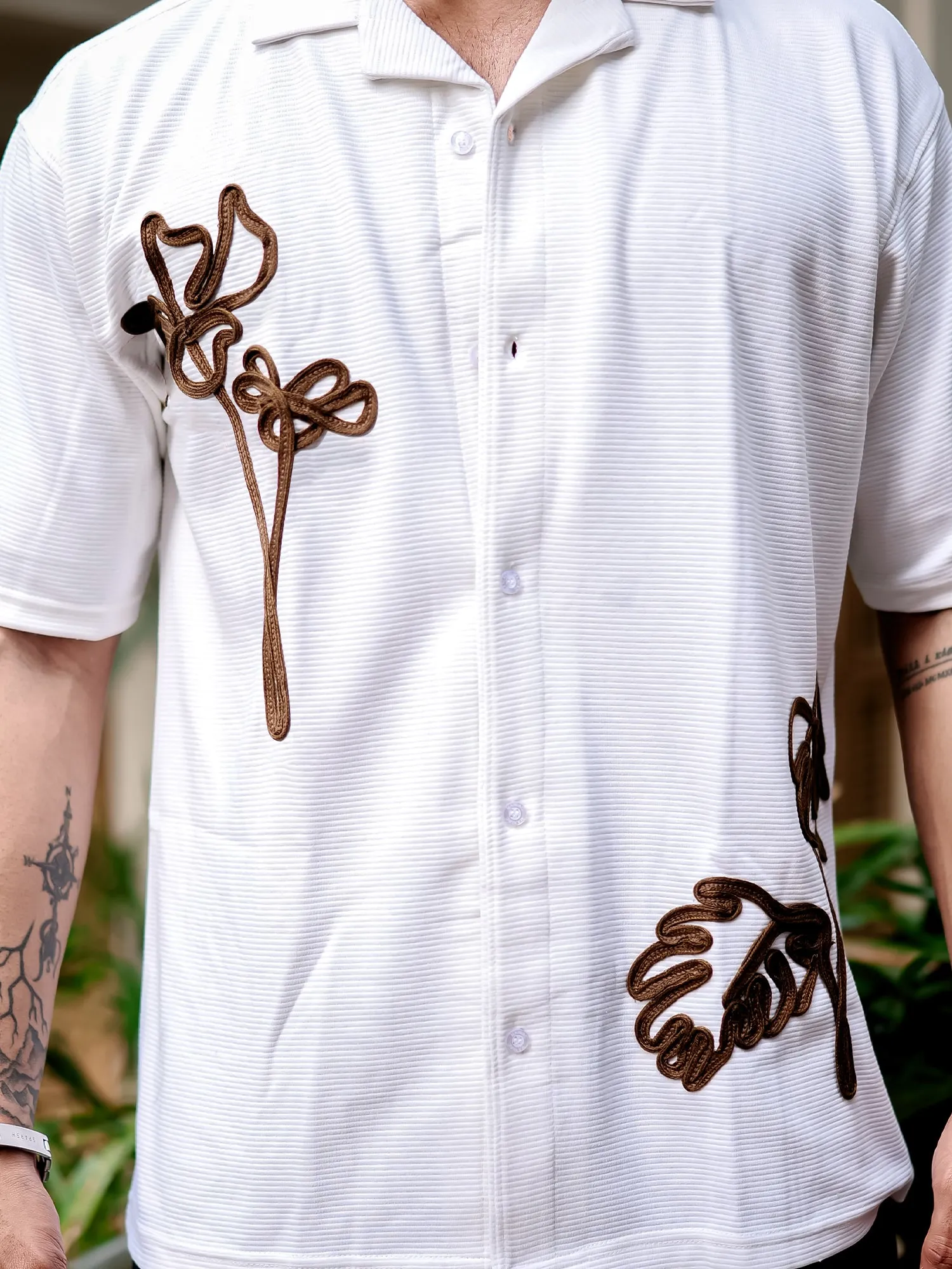 Leaf Embroidery Half White Cotton Shirt